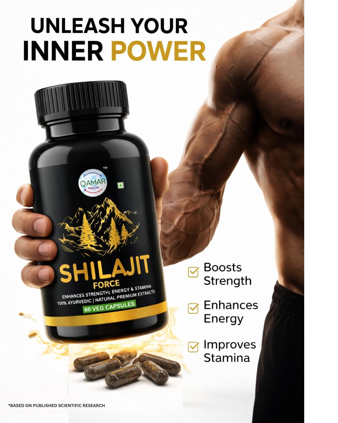 Shilajit Veg Capsules For Men - Force | Enhances Strength, Power, Energy & Stamina | Natural Premium Extracts | Shilajit, Ashwagandha, Gokshura, Safed Musali & Other Ayurvedic Action Herbs - Image 4