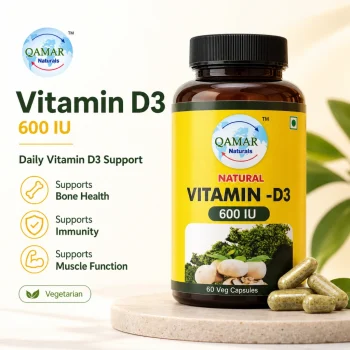 QAMAR Naturals Vitamin D3 600 IU veg capsules with nutrition information, calcium absorption, bone health, muscle health and immune function support.