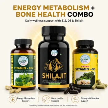 QAMAR Naturals Triple Power Combo with Shilajit, Vitamin B12 and Vitamin D3 for daily wellness routine support