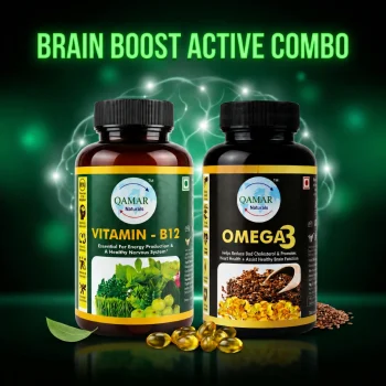 QAMAR Naturals Brain Boost Active Combo with Vitamin B12 and Omega 3 bottles