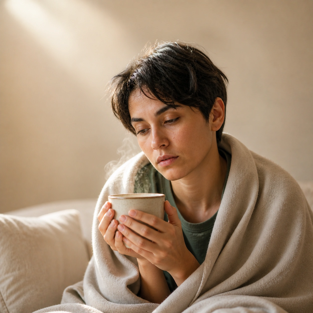 Person holding warm drink for daily wellness support